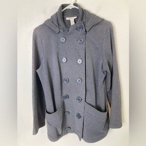 Gray Long Double Button Pea Coat w Removable Hood, Large